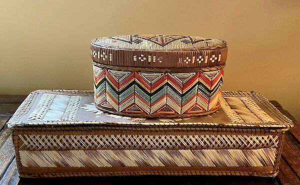Two quill and birchbark boxes